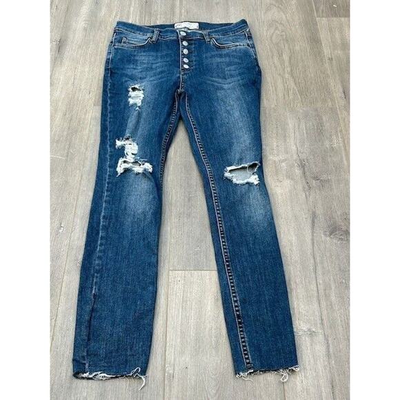 Free People Skinny Jeans Distressed Raw Hem Button Fly Denim Dark Wash Size 29 - Picture 1 of 8